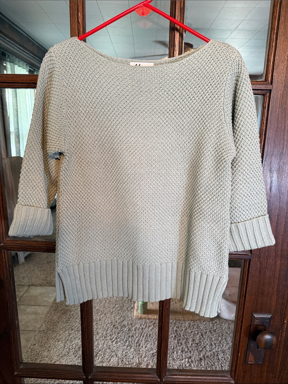 Andrea Jovine Sage Green Textured Knit Boat Neck 3/4 Sleeve Sweater Women Medium